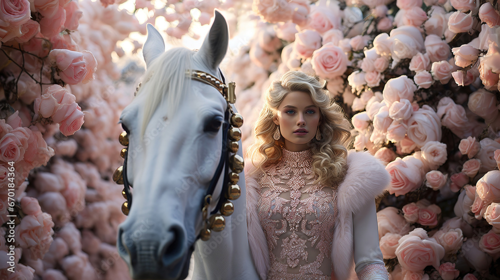 Harmonious Beauty: Woman with White Horse and Pastel Pink Flowers