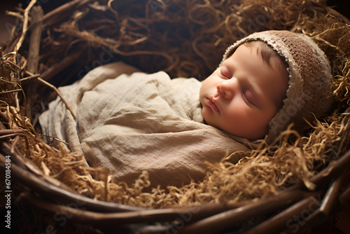 Infant Jesus rests in a manger on a bed of hay, depicting the Nativity scene photo