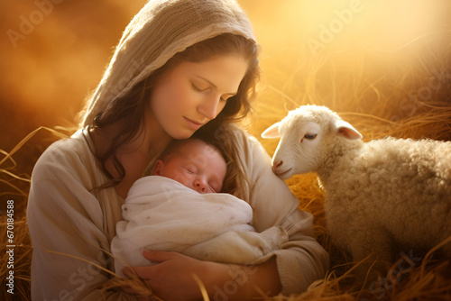 Mary with her newborn son and lamb in the hay, Nativity of Jesus photo