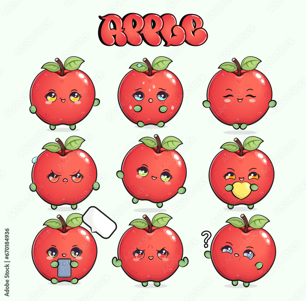 Funny cute happy red apple characters bundle set. Vector hand drawn doodle style cartoon character illustration icon design. Isolated on green background. Cute red apple mascot character collection Funny cute happy red apple characters bundle set. Vector hand drawn doodle style cartoon character illustration icon design. Isolated on green background. Cute red apple mascot character collection