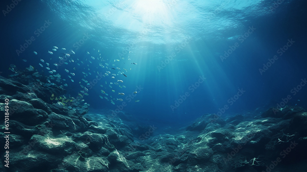 Underwater scene of a ocean depths in blue tones as frame or background 