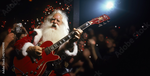 Retro Santa Clause musician with guitar, metal, rock, Christmas party.