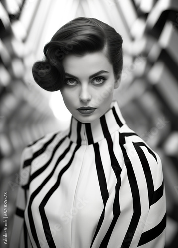 A woman model exudes elegance in a black and white contrast style in a pose of sophistication. Woman with a look that transcends colors into an essence of beauty in monochromatic nuances.