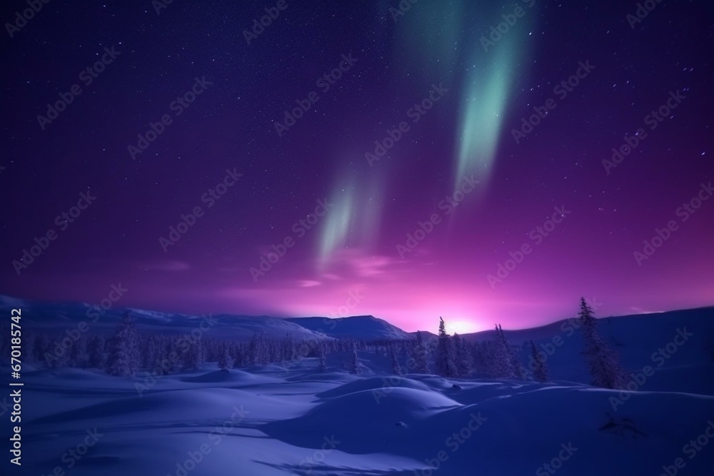Spectacular purple lights adorn snowy scenery. Breathtaking backdrop of the Northern Lights with space for text. Generative AI
