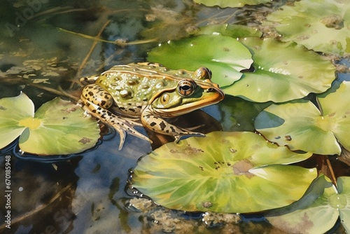 watercolor of a frog on lily pond. Generative AI