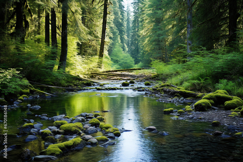 Obraz premium a tranquil and picturesque scene in a lush, untouched forest. The forest floor is carpeted with vibrant green moss, and ancient trees stretch towards the sky. 