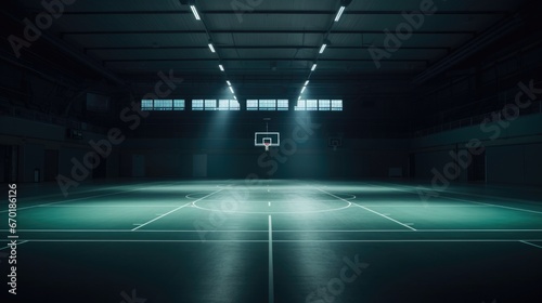 A basketball court with a basketball hoop in the middle of it. Generative AI.