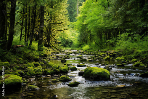 a tranquil and picturesque scene in a lush  untouched forest. The forest floor is carpeted with vibrant green moss  and ancient trees stretch towards the sky. 