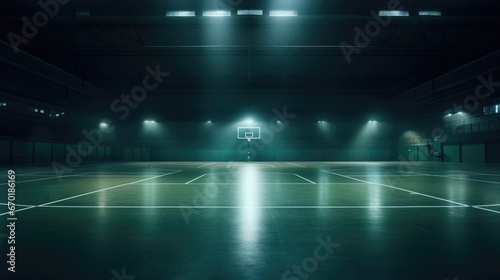 An empty basketball court with lights shining on it. Generative AI.