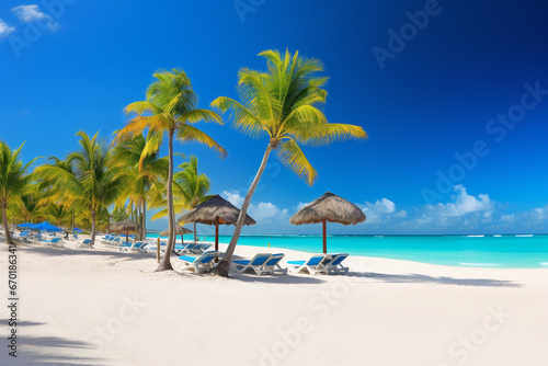 serene scene on a tropical beach during a perfect summer day. The soft  powdery sand stretches as far as the eye can see  and crystal-clear turquoise waves gently lap at the shore. Palm trees sway in 