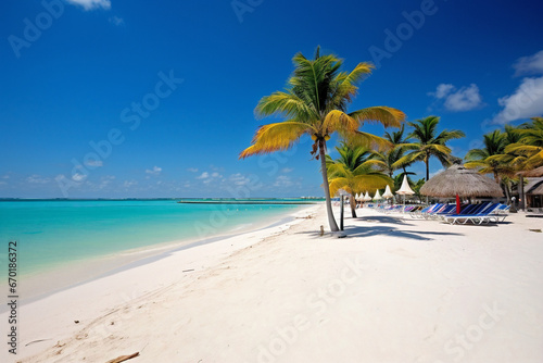 serene scene on a tropical beach during a perfect summer day. The soft, powdery sand stretches as far as the eye can see, and crystal-clear turquoise waves gently lap at the shore. Palm trees sway in 
