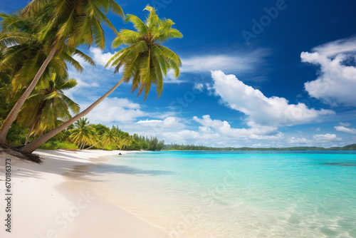 serene scene on a tropical beach during a perfect summer day. The soft, powdery sand stretches as far as the eye can see, and crystal-clear turquoise waves gently lap at the shore. Palm trees sway in 