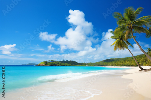 serene scene on a tropical beach during a perfect summer day. The soft  powdery sand stretches as far as the eye can see  and crystal-clear turquoise waves gently lap at the shore. Palm trees sway in 