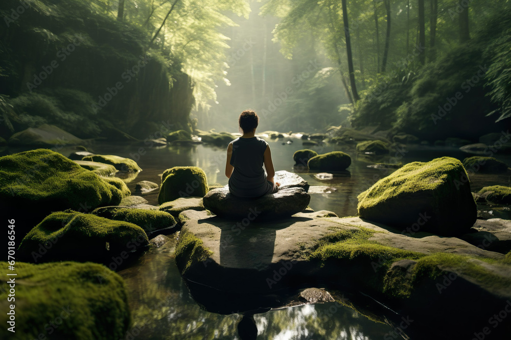 Person meditation in calm nature, zen green garden Person meditation in calm nature, zen green garden