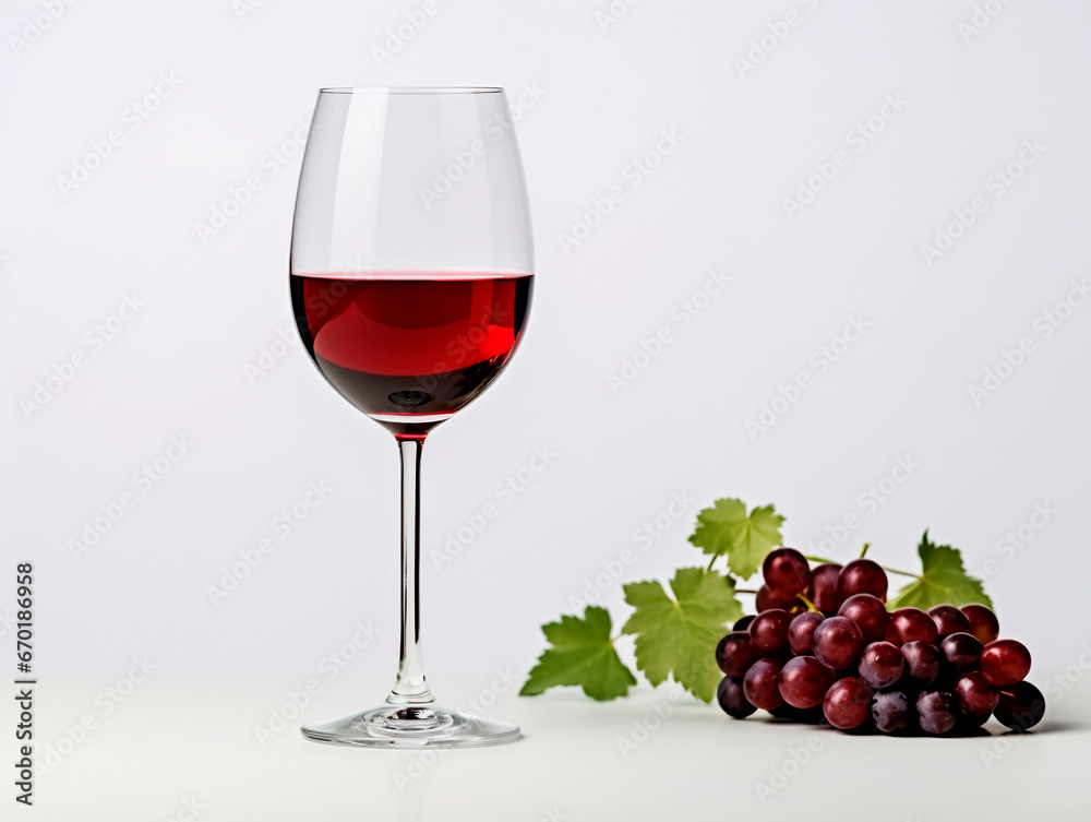 Glass of red wine with bunch of grapes on white background, closeup