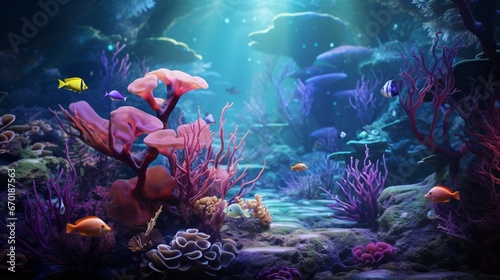 A school of exotic fish swimming among a forest of Amethyst Anemones, creating a breathtaking scene.