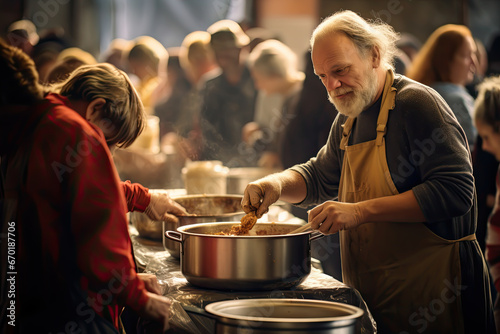 Volunteer at a soup kitchen feed the hungry. social responsability concept
