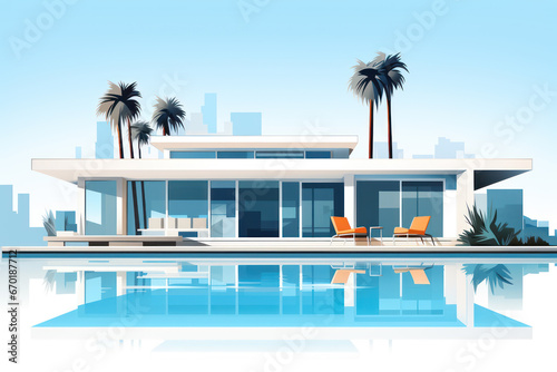 Modern country house villa in a minimalist cubic style with swimming pool, illustration of a vacation on the sea coast