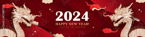 Red luxury header with hand drawn paper cut Chinese Dragon as a traditional symbol of 2024 New year. Panoramic banner with asian decorations - clouds, stars, dragon scales. Christmas layered billboard © Qeeraw