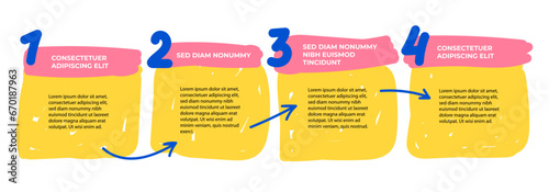 4 steps infographic with hand drawn text boxes. Step by step instruction. Empty chart design template. Data visualization. Design element for presentation with copy space. Workflow layout with list