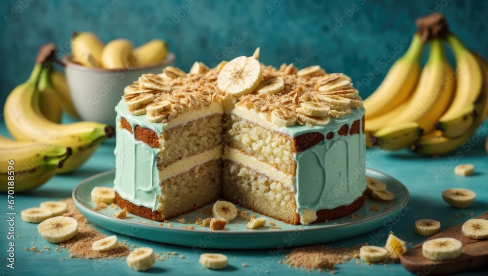 Bake banana cake on cyan background, cake with almonds, cake with almonds and chocolate, cake with fruit and nuts, muffin and apple, apple pie with cinnamon, apple pie on a wooden table Bake banana cake on cyan background, cake with almonds, cake with almonds and chocolate, cake with fruit and nuts, muffin and apple, apple pie with cinnamon, apple pie on a wooden table