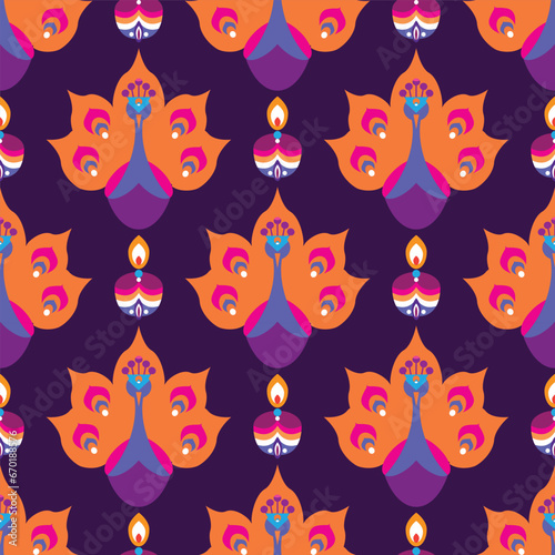 Traditional Indian festival Diwali. Happy Festival of lights Deepavali   template design seamless pattern   Festive Burning diya graphic design background Vector abstract flat illustration