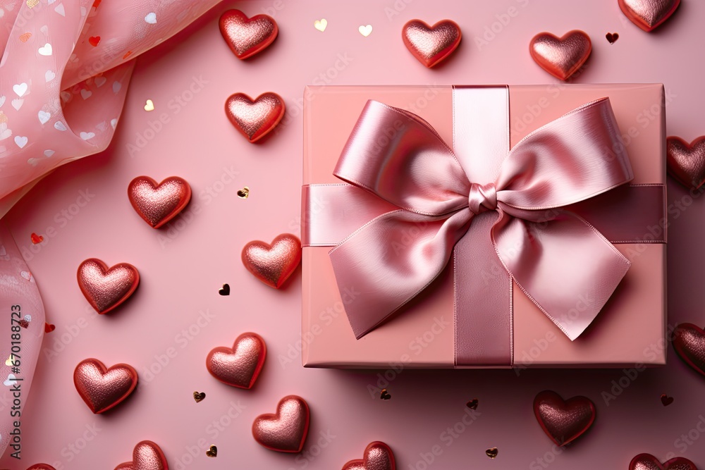 Top view photo of valentine's day decorations curly silk ribbon two small gift boxes with bows and small hearts on isolated pastel pink background with copyspace Top view photo of valentine's day decorations curly silk ribbon two small gift boxes with bows and small hearts on isolated pastel pink background with copyspace