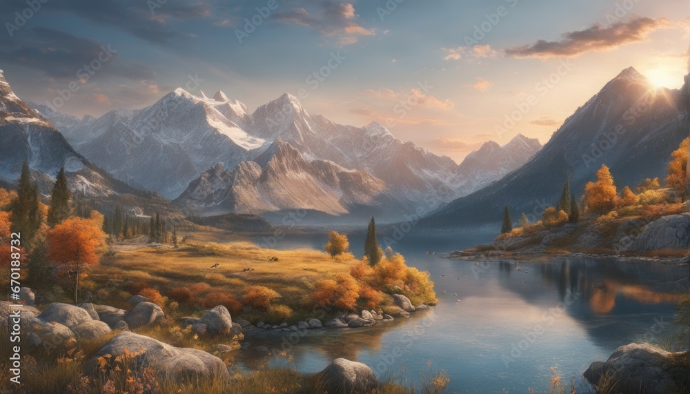 autumn landscape with a river and the mountains. 3d illustration.autumn landscape with a river and the mountains. 3d illustration.beautiful sunset over the mountains. nature