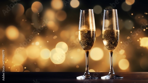 Happy New Year. Christmas and New Year holidays bokeh background with copy space. Toasting with champagne glasses against holiday lights. winter season
