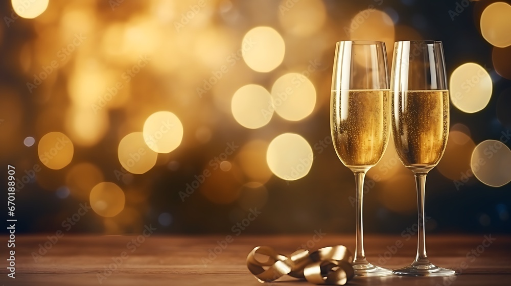 Happy New Year. Christmas and New Year holidays bokeh background with copy space. Toasting with champagne glasses against holiday lights. winter season Happy New Year. Christmas and New Year holidays bokeh background with copy space. Toasting with champagne glasses against holiday lights. winter season