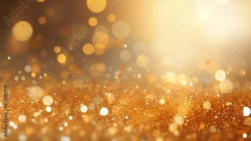 golden sparkling particles and bokeh lights, holiday concept. background with gold foil texture