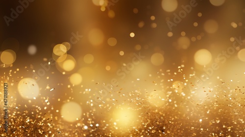 golden sparkling particles and bokeh lights, holiday concept. background with gold foil texture
