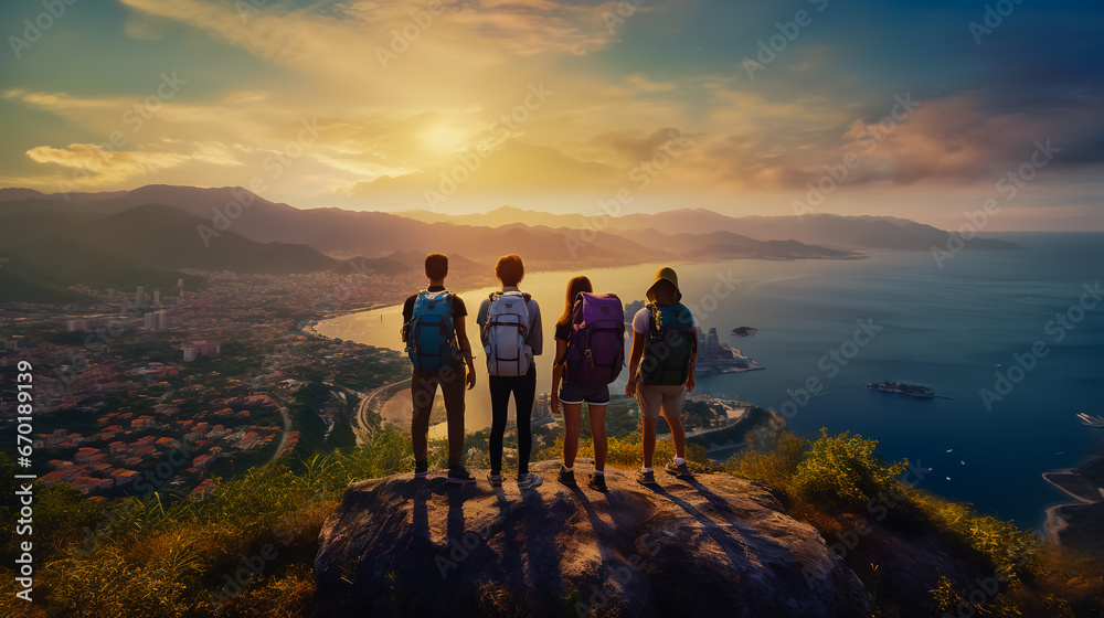 A group of people with colored backpacks stand on top of a cliff overlooking the sea in the city.