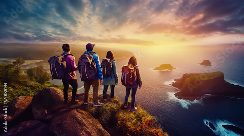 A group of people with colored backpacks stand on top of a cliff overlooking the sea in the city.