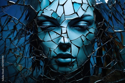 The face of a woman in blue. Her face is fracturing and shattering like glass. Struggles with depression, Mental health and wellness concept, fragile mind. Generative AI