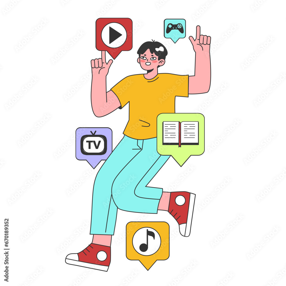 Streaming media service. Online platforms subscription. Smart TV, computer or phone screens with educational, entertaining and news content. Flat vector illustration