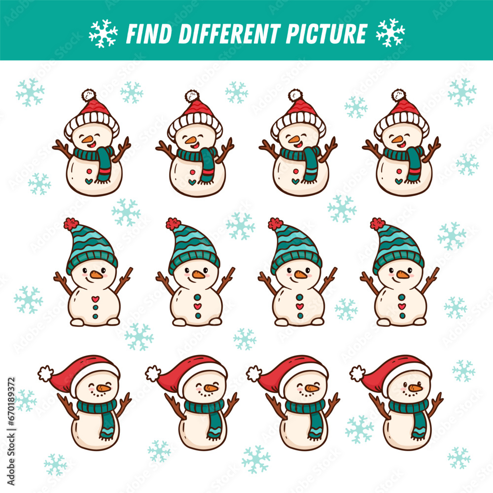 Find different snowman  in each row. Christmas Logical game for kids. Cartoon snowmen. Doodle. Vector