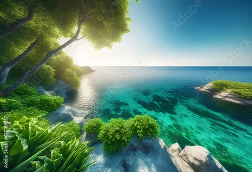 wonderful blue shore with great green plants on the land