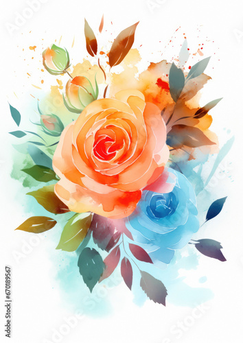 Watercolour painting     peach coloured roses in a flower arrangement  isolated on white paper  scanned style illustration in bright light colours