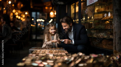 Cute little girl and her handsome father choosing candies in a bakery.