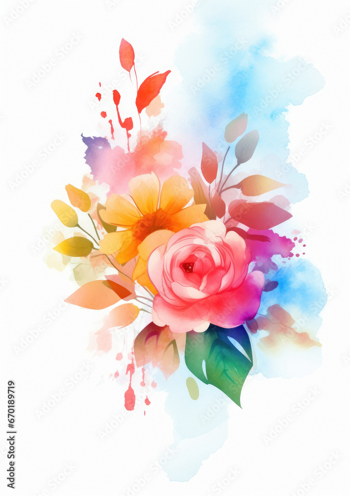 Obraz premium Watercolour painting — pink roses in a flower arrangement, isolated on white paper, scanned style illustration in bright light colours