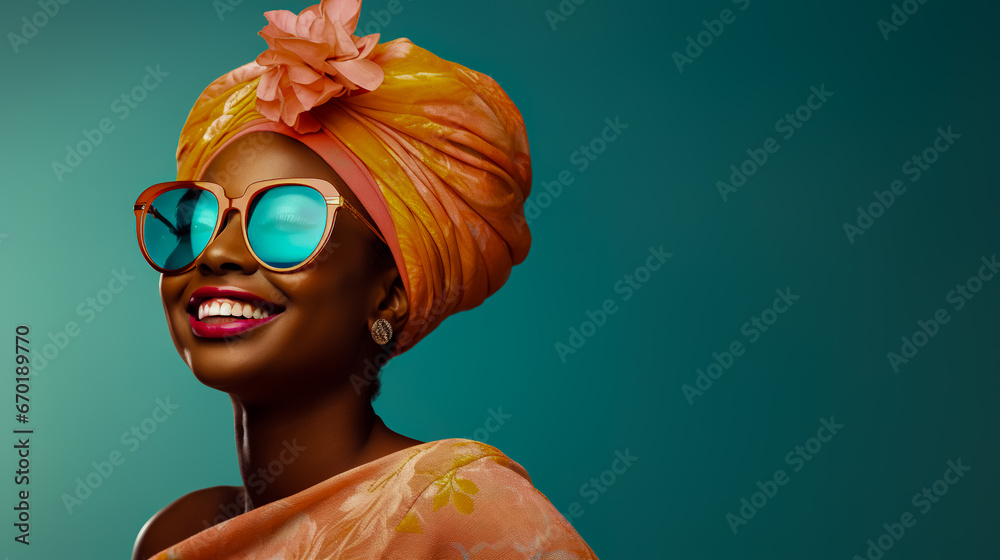 African woman with turban smiling face left and wearing sunglasses.