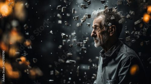 Portrait of an old man standing in the rain from falling stones. Rocks falling to the ground, thoughts about lost life. © AS Photo Family