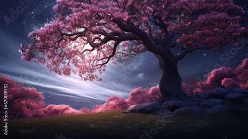 A serene forest with a majestic Moonstone Magnolia tree standing tall.