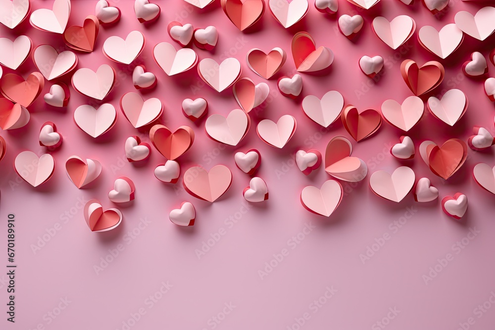 Paper elements in shape of heart flying on pink background. symbols of love for Happy Women's, Mother's, Valentine's Day, birthday greeting card design. Poster or banner with pink place for text. Paper elements in shape of heart flying on pink background. symbols of love for Happy Women's, Mother's, Valentine's Day, birthday greeting card design. Poster or banner with pink place for text.