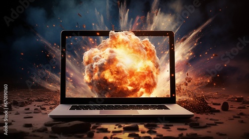 Laptop showing big bang, electronic warfare and technology concept