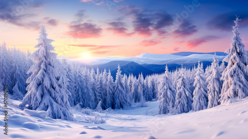 Fantastic winter landscape glowing by sunlight. Dramatic wintry scene.