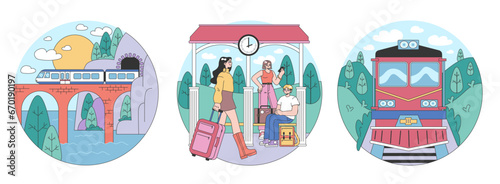 Train trip set. Characters traveling by train. Passengers with luggage getting on train. Railway travel and tourism. Flat vector illustration
