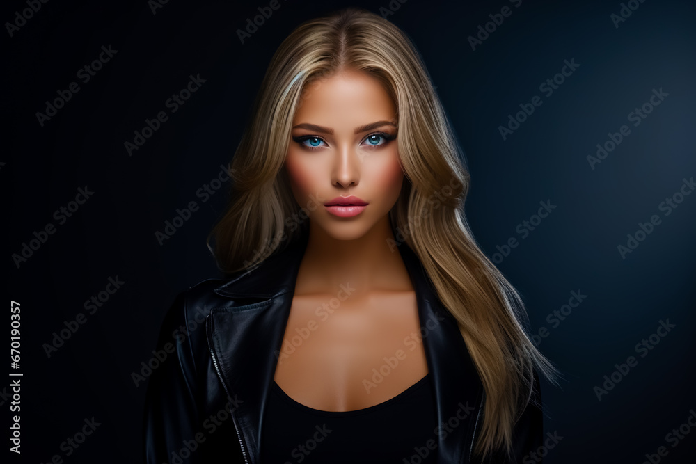 Beautiful young woman, modern with makeup, in a black top and a black leather jacket.