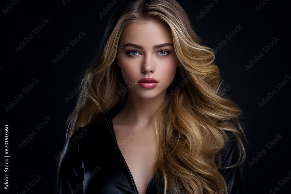 Beautiful young woman, modern with makeup, in a black top and a black leather jacket. Beautiful young woman, modern with makeup, in a black top and a black leather jacket.